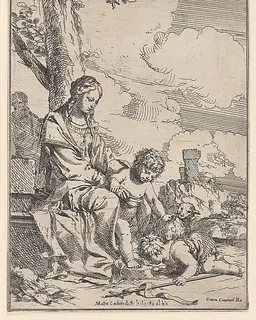 The Holy Family with the infant Saint John kissing Christ's feet by Giulio Carpioni