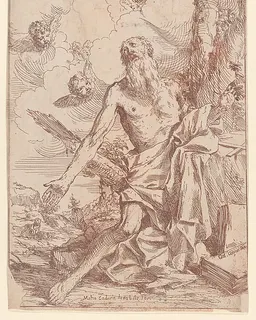Saint Jerome kneeling beside a tree with his arms outstretched by Giulio Carpioni