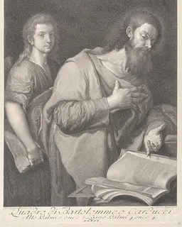 Saint Matthew, standing before a book at right with a hand on his chest, another man behind him at left by Carlo Faucci
