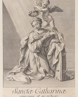 Saint Catherine of Alexandria, kneeling with her elbow resting on the spiked wheel, and an angel crowning her with a flower wreath by Sir Nicolas Dorigny