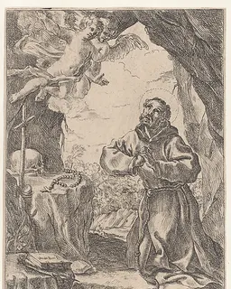 Saint Francis of Assisi, kneeling before a crucifix with two angels at upper left by Domenico Maria Canuti