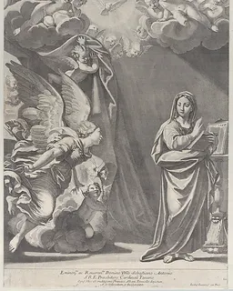 The Annunciation, with Gabriel and other angels at left and God the Father above by Giacomo-Maria Giovannini