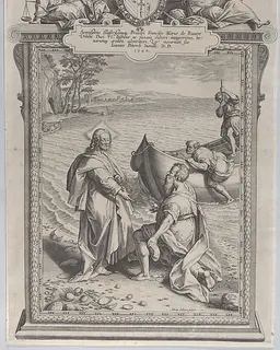 Christ calling Saint Andrew, who kneels before him on a beach, and Saint Peter, who climbs out of a boat at right by Adriaen Collaert