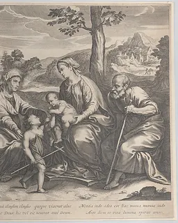 The Holy Family at right, with the infant Saint John the Baptist, Elizabeth, Zacharias, and an angel at left by Pieter de Jode II