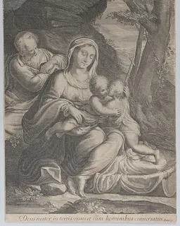 The Holy Family with infant Saint John the Baptist kneeling at right by Anonymous