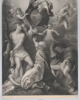 The Madonna of Saint Sebastian, with the Virgin and Child, surrounded by angels, looking down at Saint Sebastian, Saint Germinianus, and Saint Roch by Achille Désiré Lefèvre