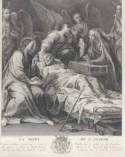 The death of Saint Joseph, lying on a bed, with Jesus, the Virgin Mary, and angels at his side by Johann Christian Teucher