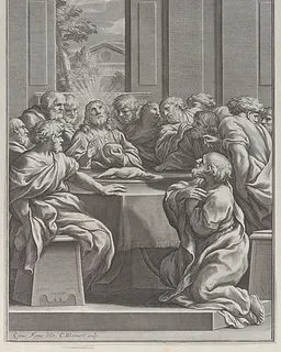 The Last Supper, the interior of a classical building with Christ and his apostles seated at a table by Cornelis Bloemaert