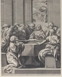 The Last Supper, the interior of a classical building with Christ and his apostles seated at a table by François Spierre