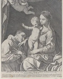 The Virgin and Child adored by Saint Carlo Borromeo, who kisses her hand by Hieronymus Ferroni