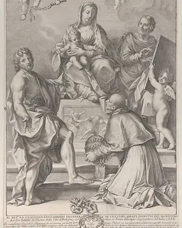 Madonna and Child at center with Saint John the Baptist, Saint Luke, Pope Peter Celestini, and angels by Robert van Audenaerde