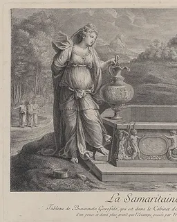 Christ, seated at right, and the woman of Samaria, who stands at left by Frédéric Horthemels
