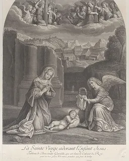 The Virgin Mary adoring the Christ child, an angel holding a crown of thorns at right by Frédéric Horthemels