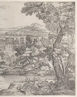The Baptism of Christ at lower left, within a landscape by Giovanni Francesco Grimaldi