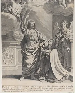 Saint Theresa praying alongside Christ, who points upwards to God the Father and the Holy Spirit by Gilles Rousselet