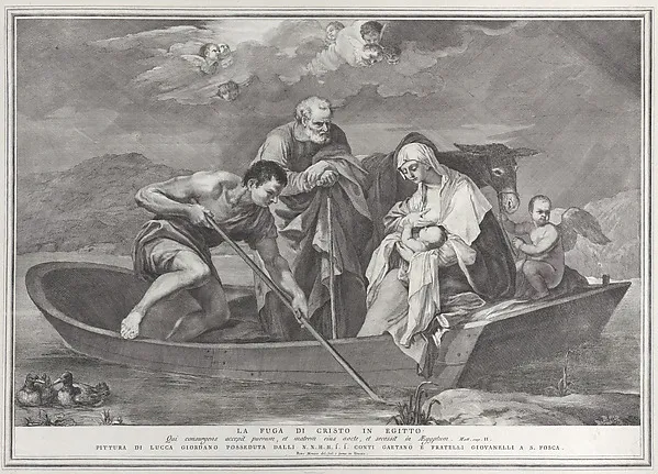 The flight into Egypt, with the Holy Family in a boat by Pietro Monaco depicting Matthew 2