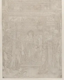 The Virgin and Child enthroned within an elaborate architectural structure, flanked by four saints, at left St John the Baptist and St Angelus, at right St  Albert and St Jerome by Giovanni Maria da Brescia