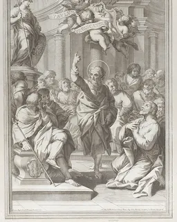 Saint Paul preaching at center, standing in a crowd in a columned interior, pointing upwards toward putti who hold a scroll by Arnold van Westerhout