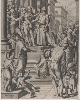Christ presented to the people by Pilate, standing atop stairs at left with a crowd at right by Matthaeus Greuter