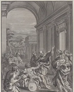 Saint Peter healing the sick, within a classical archway by Nicolas Laigniel