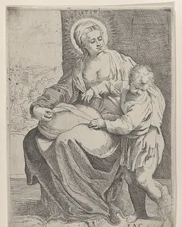 The Virgin seated holding a pillow on her lap with the young Christ standing at right by Annibale Carracci