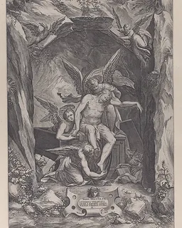 Christ rising from the tomb, assisted by two angels by Martino Rota
