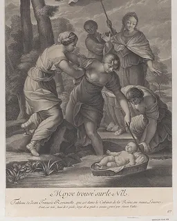 Three women pulling in the basket with the infant Moses from the water by Simon de la Vallée