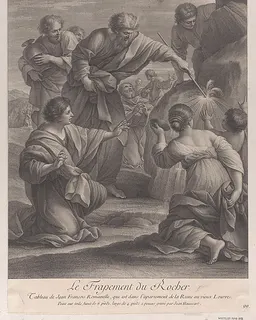 Moses striking the rock with a stick to bring forth water, while the Israelites look on in amazement by Jean-Baptiste Haussard