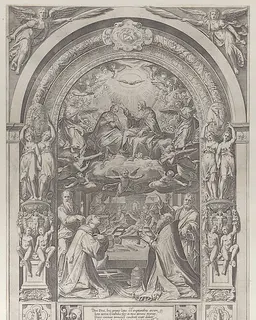 Saints Lawrence, Sixtus, Peter, and Paul adoring the Coronation of the Virgin by Christ above by Anonymous