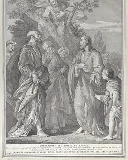 Conversion of Zacchaeus, with Christ at right addressing the tax collector, who is seated in a tree at top center by Pietro Monaco