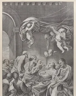 The death of Saint Anne with various family members surrounding her and angels overhead by Cesare Fantetti