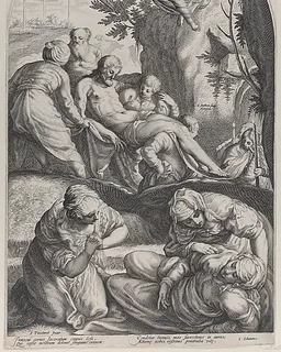 The Entombment, with Christ's body carried on a sheet at center, the three Maries in the foreground, and an angel overhead by Jacob Matham