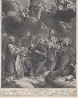 Five saints kneeling and adoring Christ: Saint Francis Borgia, Saint Louis Bertrand, Saint Cajetan, Saint Rosa of Lima, and Saint Philip Benzi by François Spierre