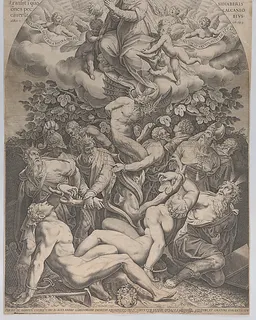 Allegory of the Immaculate Conception, with Adam, Eve, kings, priest, soldier and Moses tied at the bottom of a fig tree, and the Virgin sitting on cloud overhead, surrounded by angels by Philippe Thomassin