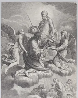 Saint Louis of France received into heaven by Christ and two angels who offer him the crown of France by Charles Simonneau