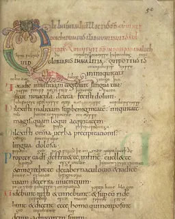 Stowe Psalter, Initial Q (fol. 56r) — Psalm 52 by Master of the Stowe 2 Psalter